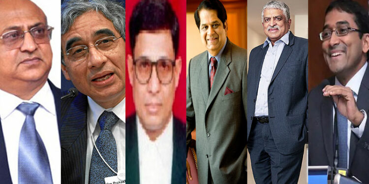From Left: Justice AM Sapre, OP Bhatt, Justice JP Devadhar, KV Kamath, Nandan Nilekani and Advocate Somasekhar Sundaresan.