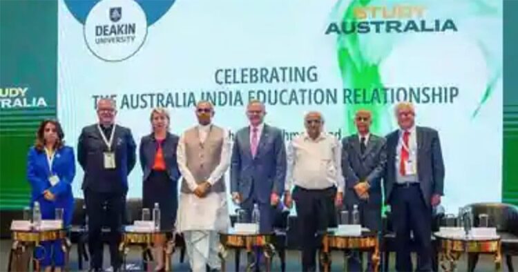Australian Prime Minister Anthony Albanese with Gujarat Governor Acharya Devvrat, State Chief Minister Bhupendra Patel and others at the Australia-India Education relationship programme, in Ahmedabad
