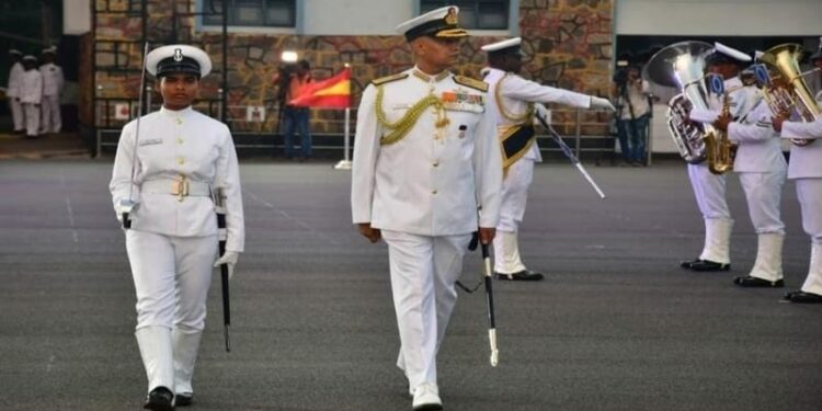 ( Admiral R Hari Kumar, Chief of the Naval Staff, reviewing the passing out parade of the first batch of Agniveers from INS Chilka in Odisha on March 28 )