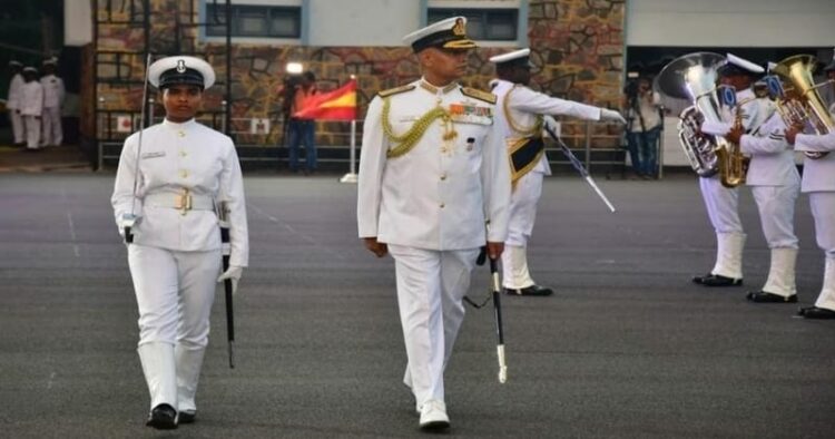 ( Admiral R Hari Kumar, Chief of the Naval Staff, reviewing the passing out parade of the first batch of Agniveers from INS Chilka in Odisha on March 28 )