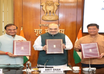 From Left: Assam CM Himanta Biswa Sarma, Union Home Minister Amit Shah and Arunachal CM Pema Khandu at MoU signing ending 51 year old border dispute