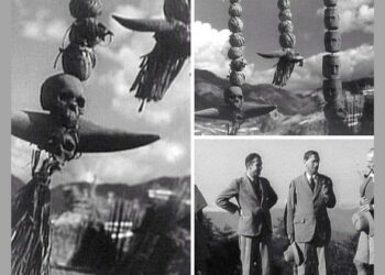 Images: B/W photos taken by Furer-Haimendorf: Dangling skulls from Yimpang, collected as museum exhibits, hanging at Chingmei camp, 1936, and Group of four Europeans at Mokokchung: J.P. Mills, Furer-Haimendorf, Major Williams and Smith.