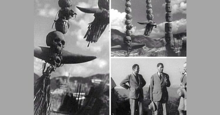 Images: B/W photos taken by Furer-Haimendorf: Dangling skulls from Yimpang, collected as museum exhibits, hanging at Chingmei camp, 1936, and Group of four Europeans at Mokokchung: J.P. Mills, Furer-Haimendorf, Major Williams and Smith.