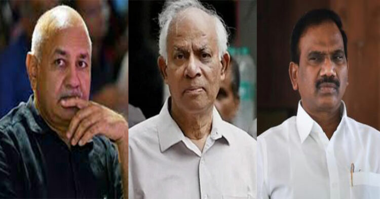 Former Delhi Deputy Chief Minister Manish Sisodia (L) currently in jail for his alleged involvement in Liquor Scam, former Union coal secretary HC Gupta (M) was in jail for long term for his involvement in much famous coal mines allocation scam and Ex-telecom minister A Raja (R) was also in jail for over 15 months for his involvement in the 2G spectrum case