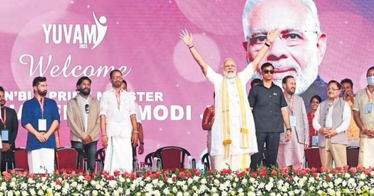 Prime Minister Narendra Modi waving at the crowd during Yuvam 2023 conclave at SH College in Thevara, Kochi