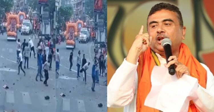 From Left: Screengrabs of Islamists stone pelting on Ram Navami procession and West Bengal Leader of Opposition and BJP Leader Suvendu Adhikari