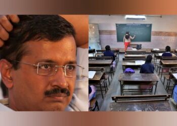 Arvind Kejriwal on the left, classroom at a government school in Delhi on the right, Credits: (Outlook & ABP News respectively)