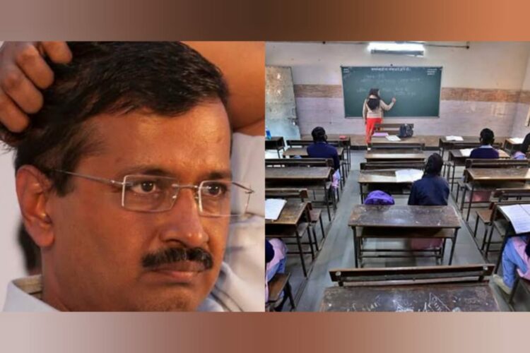 Arvind Kejriwal on the left, classroom at a government school in Delhi on the right, Credits: (Outlook & ABP News respectively)