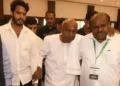 Nikhil Kumaraswamy, HD Deve Gowda & HD Kumaraswamy (Photo Courtesy: Times of India)