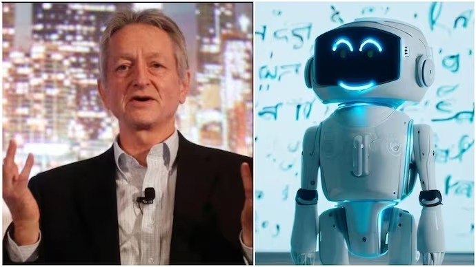 Geoffrey Hinton, the godfather of AI (left) and AI generated Robot (right), credits: India Today