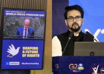 A G Sulzberger, chairman of NYT (left) Union Information and Broadcasting Minister Anurag Thakur (right)