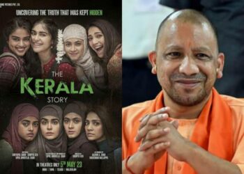 Poster of the film, The Kerala Story (left), Chief Minister of Uttar Pradesh, Yogi Adityanath (right)