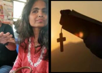 The woman preacher spreading the message of god in the train (left) and A representative image of Bible and Cross, showing conversion (right), Image: Twitter