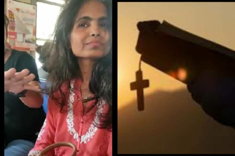 The woman preacher spreading the message of god in the train (left) and A representative image of Bible and Cross, showing conversion (right), Image: Twitter