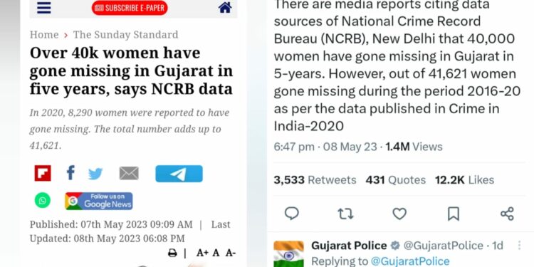 Article by The New Indian Express (left), Tweet by the Gujarat Police (right)