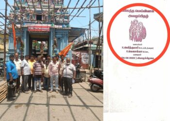 Hindu Munnai volunteers assembled in front of the temple on May 9 (left) and the invitation card carrying pictures of Jesus, Mary and Joseph (right), Image: Twitter