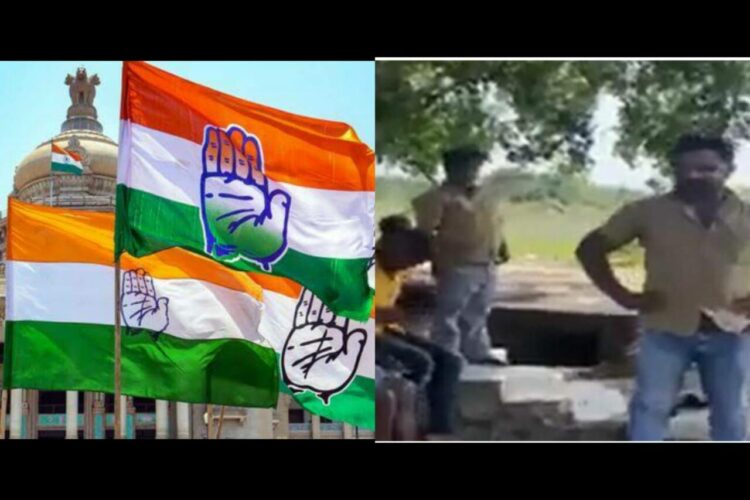 The flags carrying symbol of Congress Party (left, Mint) and Screenshot from the viral video (Twitter, Amit Malviya), The Congress promised to provide 200 Units of free electricity if voted to power