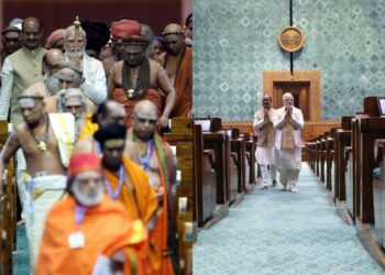 The Prime Minister Narendra Modi with Sadhus and speaker OM Birla at the Lok Sabha Chamber of the New Parliament Building; Image: Organiser