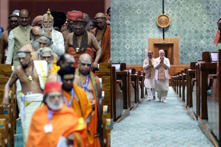 The Prime Minister Narendra Modi with Sadhus and speaker OM Birla at the Lok Sabha Chamber of the New Parliament Building; Image: Organiser