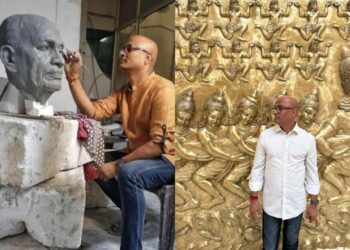 Murtikar Naresh Kumawat, at one of his iconic creations, The Samudra Manthan in the new parliament building of India; Image: twitter