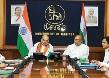 Union Home Minister Amit Shah and Chief Minister Biren Singh during a meeting in Imphal