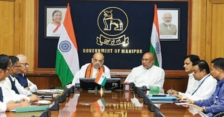 Union Home Minister Amit Shah and Chief Minister Biren Singh during a meeting in Imphal