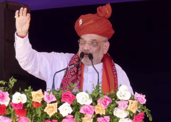 Union Home Minister Amit Shah addresses a public meeting on the completion of 9 years of Prime Minister Narendra Modi's Government, in Patan