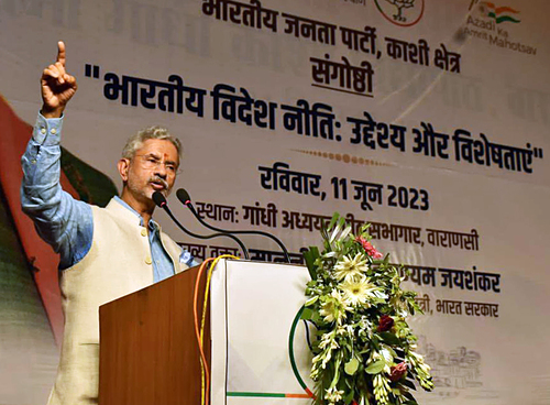 External Affairs Minister S Jaishankar speaks during an interaction with students and intellectuals on the topic 'Indian Foreign Policy: Objectives and Characteristics' at Mahatma Gandhi Kashi Vidyapith, in Varanasi