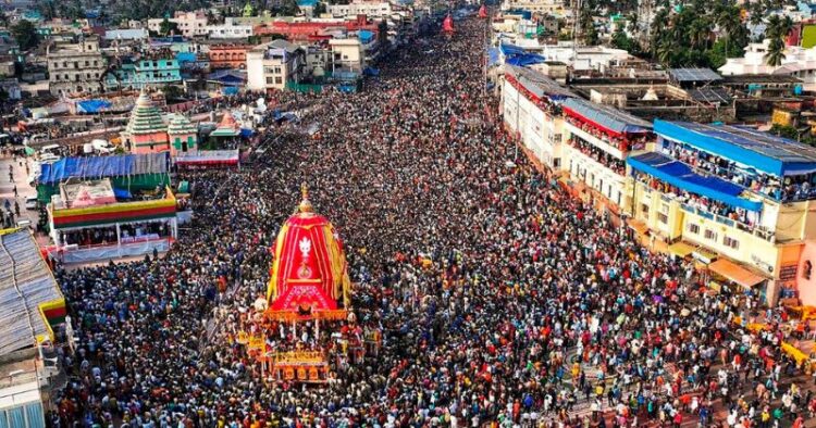Devotees during the annual Jagannath Rath Yatra, in Puri