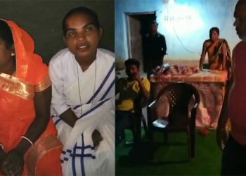 The accused Vibha Vishwakarma and his mother Heera Muni - left, House of accused Heera Bai -right