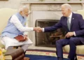 Prime Minister Narendra Modi and US President Joe Biden greet each other during bilateral talks in the Oval Office of the White House, in Washington, DC