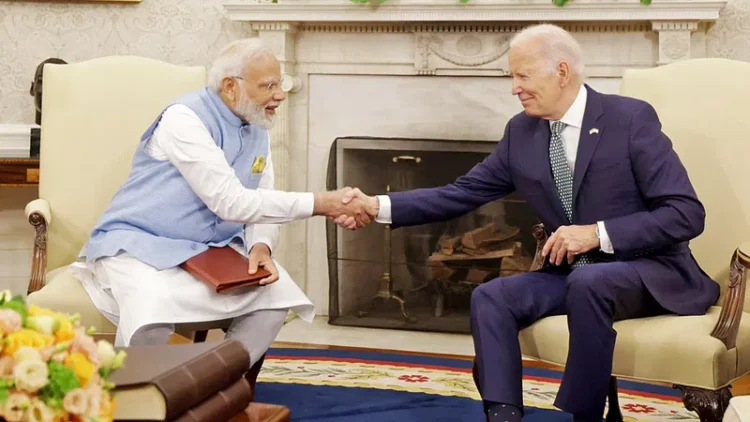 Prime Minister Narendra Modi and US President Joe Biden greet each other during bilateral talks in the Oval Office of the White House, in Washington, DC