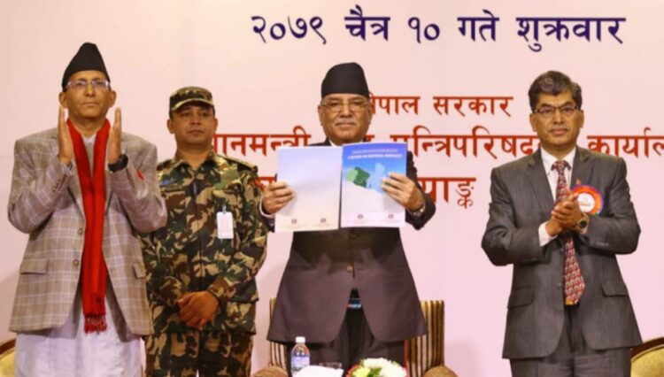 Prime Minister Pushpa Kamal Dahal launches the final report of the Nepal population census 2021, in Kathmandu, on March 24, 2023. Photo: Onlinekhabar