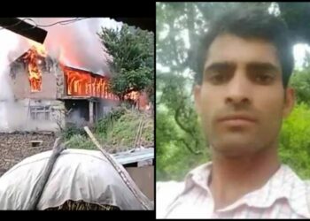 Visuals of the accused house set ablaze by miscreants (L) and the victim Manohar Lal whose mutilated body was recovered, (Image: Twitter)