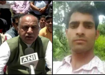 BJP leader Jairam Thakur protesting against the brutal killing on Manohar Lal (L) and Manohar Lal, the victim (R), (Image: Times of India and Twitter respectively)