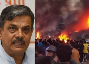 Dattatreya Hosabale, Sarkaryavah (General Secretary) of RSS (left) and an image from the ongoing violence in Manipur (right), (Image: Twitter)