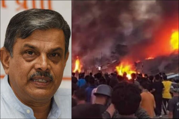 Dattatreya Hosabale, Sarkaryavah (General Secretary) of RSS (left) and an image from the ongoing violence in Manipur (right), (Image: Twitter)