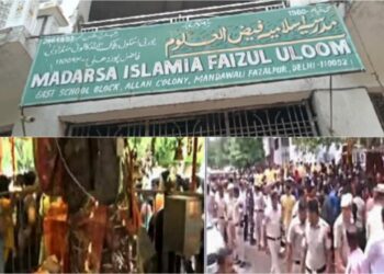 The board outside the Madarsa has address stating the colony as, 'Allah Colony', and visuals from the protest site and Shanti temple, (Image: Twitter)