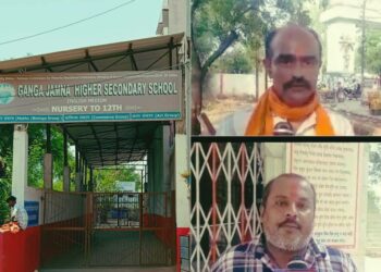 The Ganga Jamna School, VHP member Anurag Yadav (blue check shirt) and Ashish Sharma (Saffron scarf), (Image: Organiser)