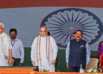 J&K Lt Governor Manoj Sinha, Union Home Minister Amit Shah, Union Minister Jitendra Singh and J&K BJP President Ravinder Raina during a public meeting at Bhagwati Nagar in Jammu