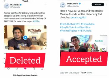 The post deleted by PETA India (left) and the updated post still available on their handle (right), (Image: Twitter)