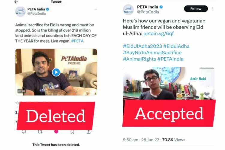 The post deleted by PETA India (left) and the updated post still available on their handle (right), (Image: Twitter)