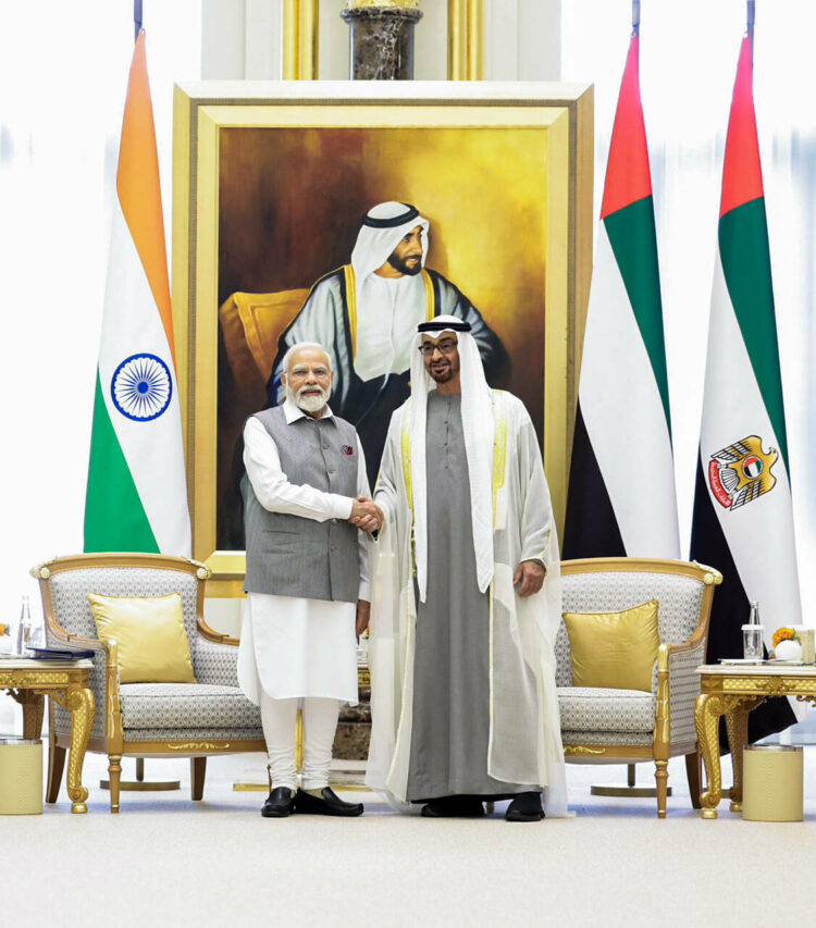 Abu Dhabi, July 15 (ANI): Prime Minister Narendra Modi meets the UAE President and Ruler of Abu Dhabi Sheikh Mohamed bin Zayed Al Nahyan at the iconic Qasr Al Watan Presidential Palace in Abu Dhabi, UAE on Saturday. (ANI Photo)