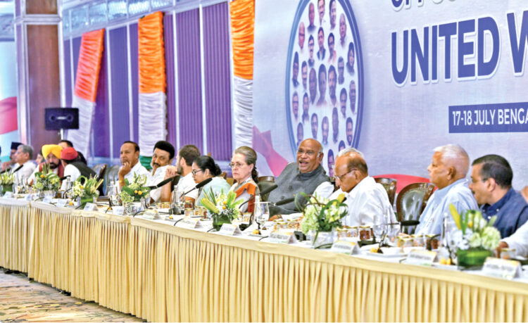 Congress Parliamentary Party (CPP) Chairperson Sonia Gandhi, Congress President Mallikarjun Kharge, Bihar Chief Minister Nitish Kumar, Nationalist Congress Party (NCP) chief Sharad Pawar, Rashtriya Janata Dal (RJD) Chief Lalu Prasad Yadav and other Opposition leaders attend the second day of the joint Opposition meeting, in Bengaluru