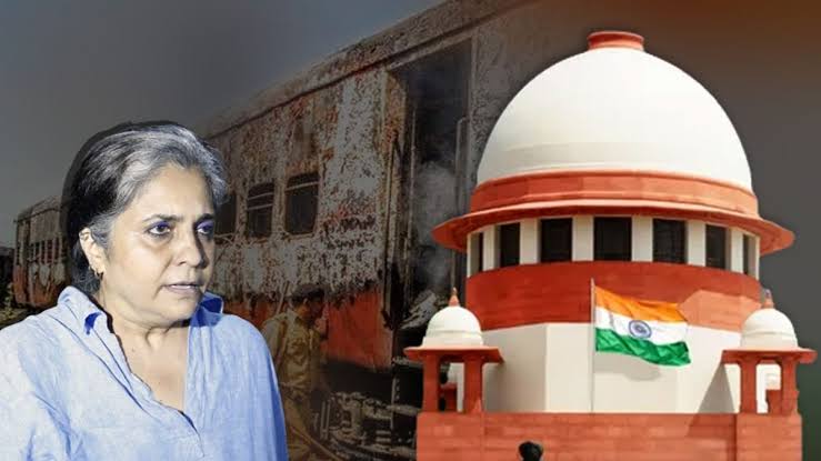 Activist Teesta Setalvad and a representation image of Supreme Court of India, (Image: TV9 Bharat)