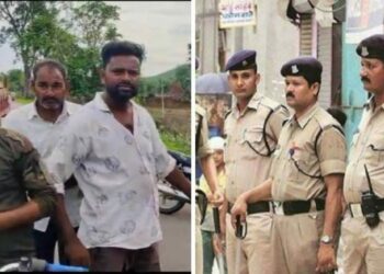 The accused men who attacked the Dalit boys (left) and the police in the village (Right) (Image: Twitter)