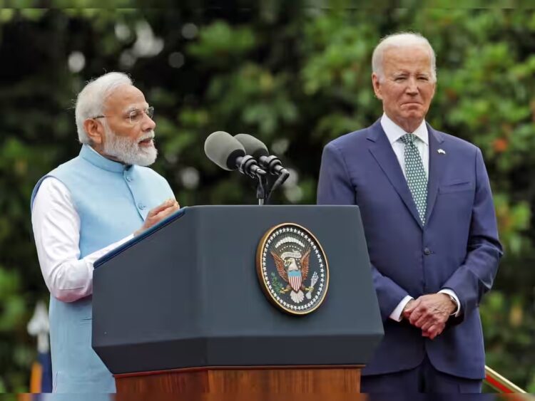 Prime Minister Narendra Modi addresses a gathering at the White House Arrival Ceremony, in WashingtonD.C. on June 22, as US President Joe Biden looks on.