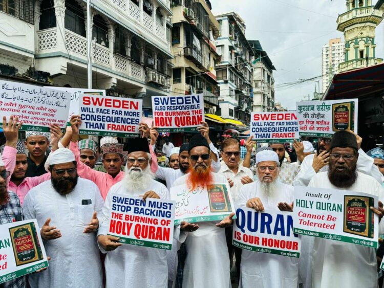 Visuals from the protest organised by Raza Academy against burning of Quran in Sweden (Image: Twitter)
