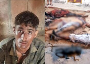 The accused arrested by the Jodhpur police, Pappu Ram (left, Hindustan Times) and the charred bodies of the victims (right, Twitter)