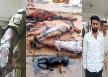 Picture from left to right: (Constable sustained burn injuries when a rape victim set herself on fire in police station, Rajasthan, picture of the half burned and charred body of an infant from the home district of CM Gehlot, NSUI state head who raped a college girl in Chhattisgarh)